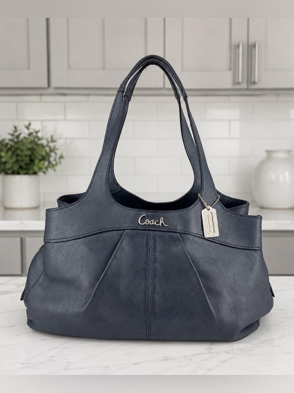 Coach Lexy Metallic Blue Leather Shoulder Tote Purse Silver Hangtag Style F18829